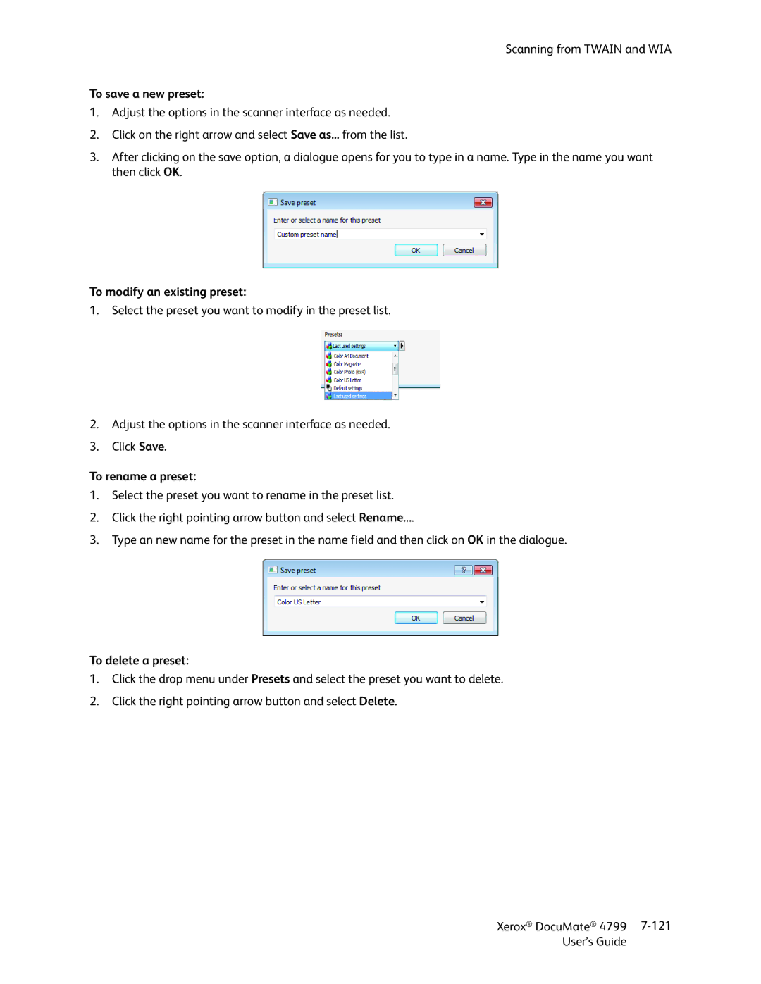 Xerox 4799 manual To save a new preset, To modify an existing preset, To rename a preset, To delete a preset 