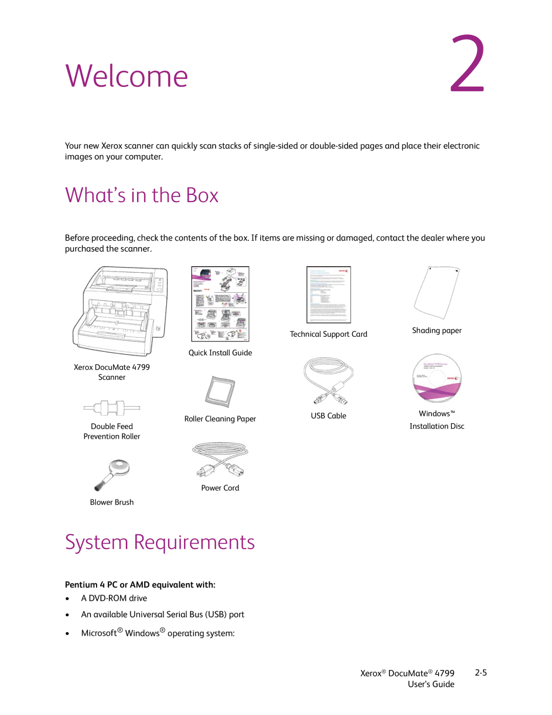 Xerox 4799 manual What’s in the Box, System Requirements, Pentium 4 PC or AMD equivalent with 