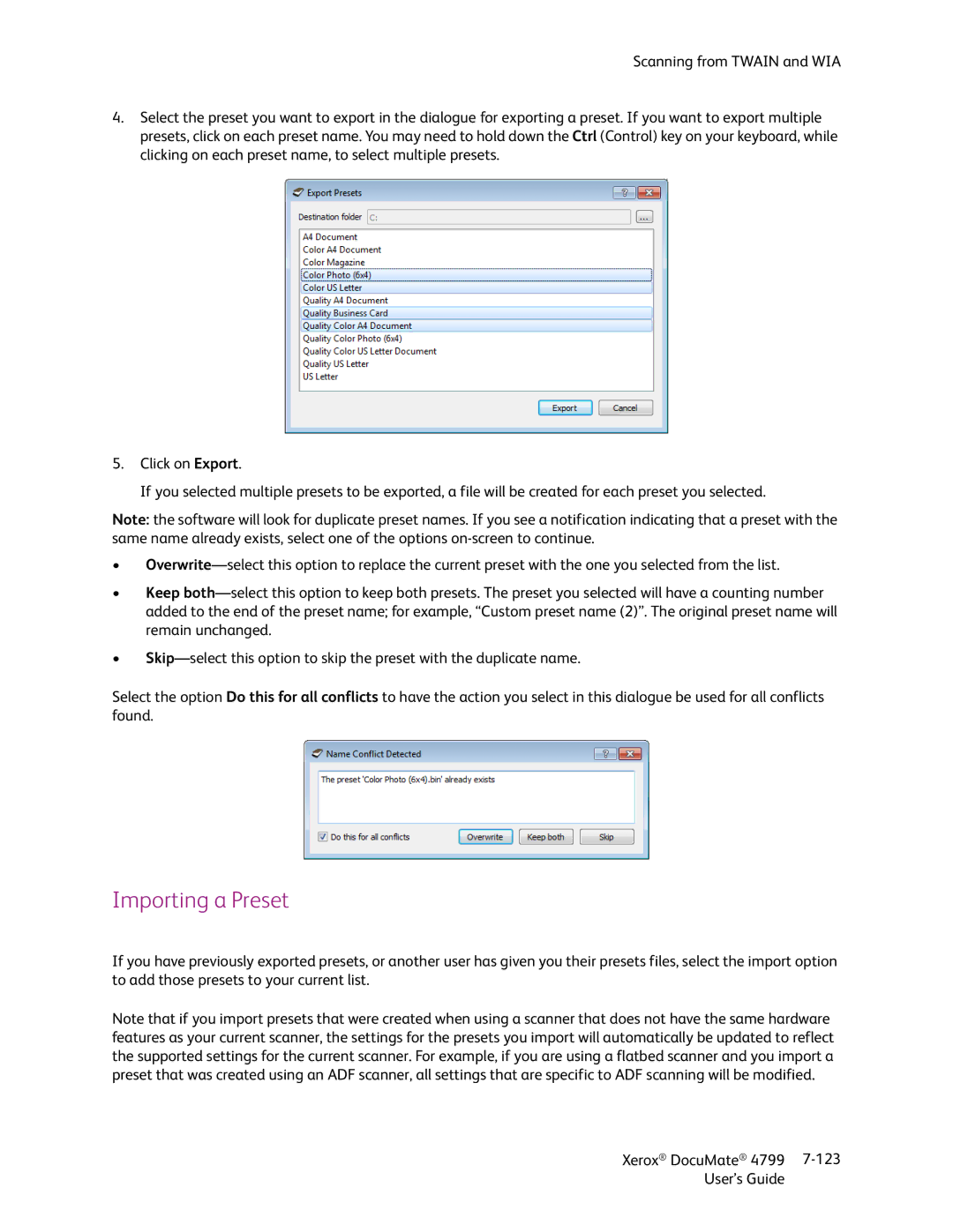 Xerox 4799 manual Importing a Preset 