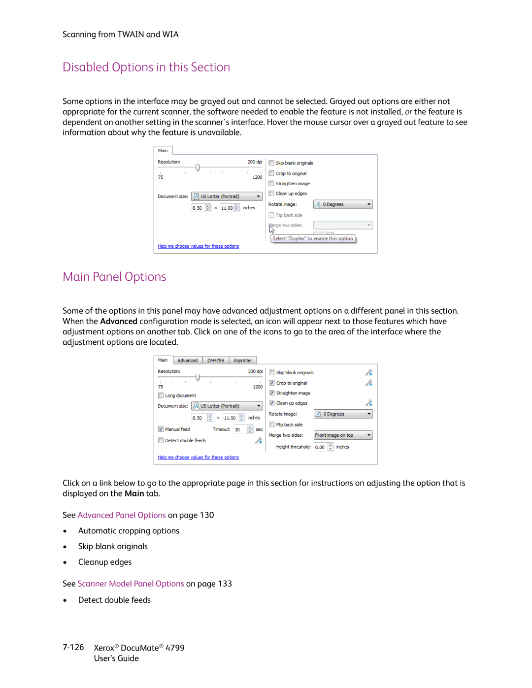 Xerox 4799 manual Disabled Options in this Section, Main Panel Options 