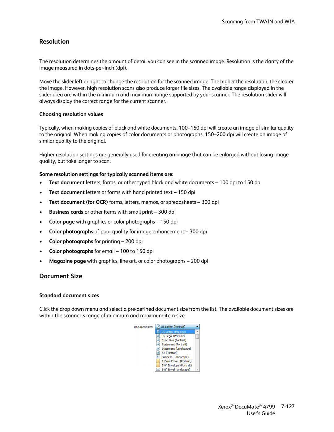 Xerox 4799 Resolution, Document Size, Choosing resolution values, Some resolution settings for typically scanned items are 