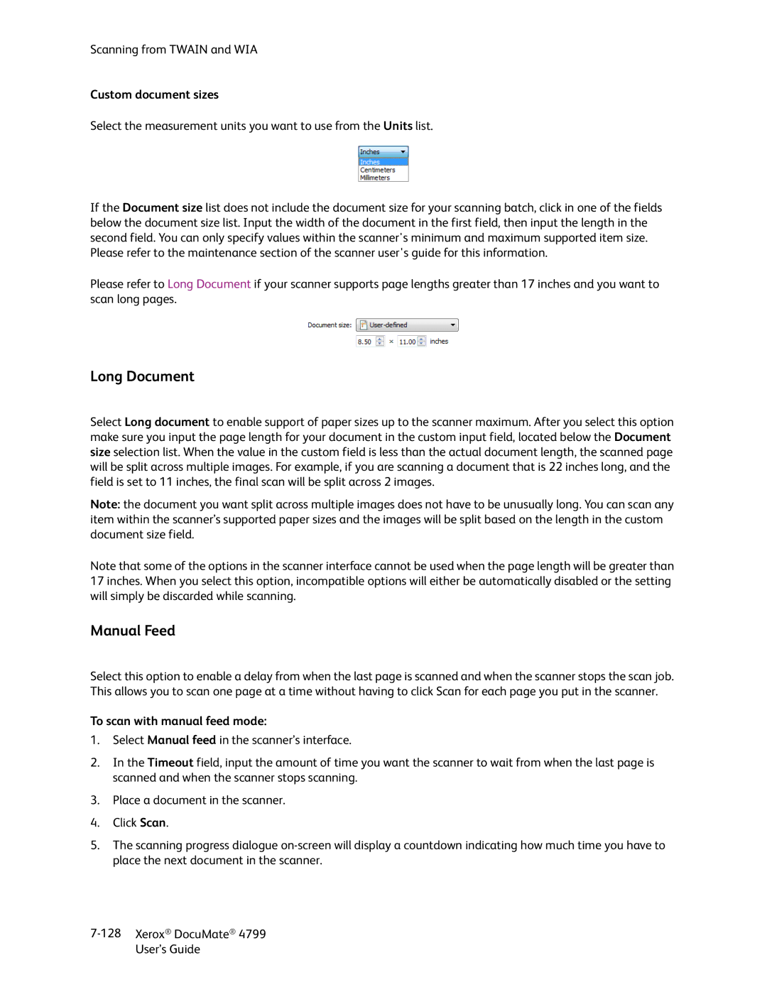 Xerox 4799 Long Document, Manual Feed, Custom document sizes, To scan with manual feed mode 