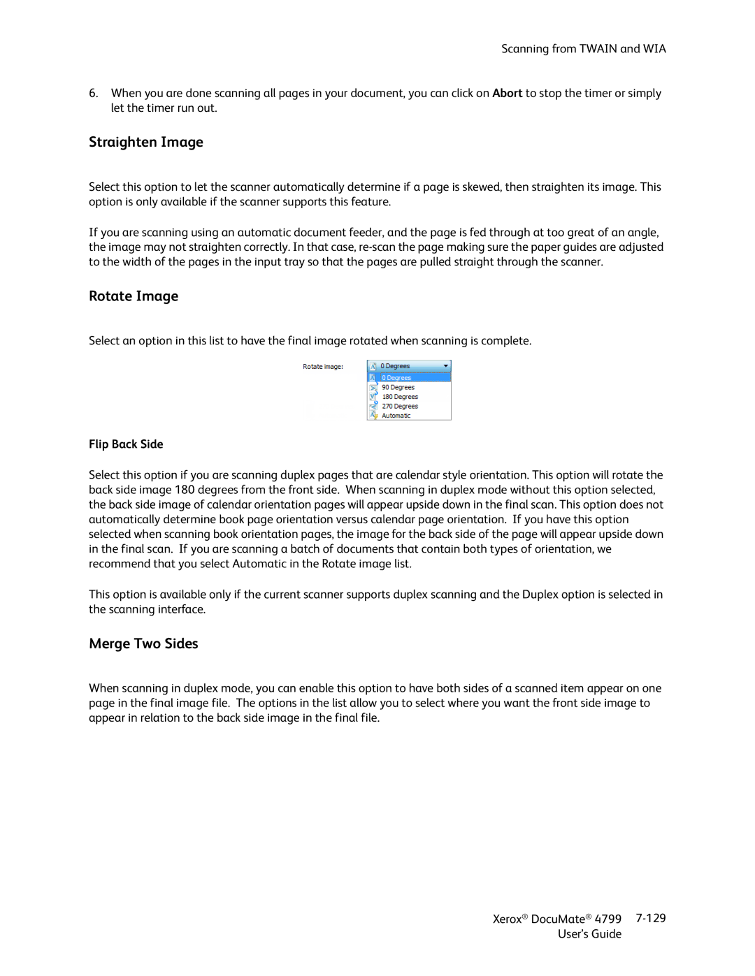 Xerox 4799 manual Straighten Image, Rotate Image, Merge Two Sides, Flip Back Side 