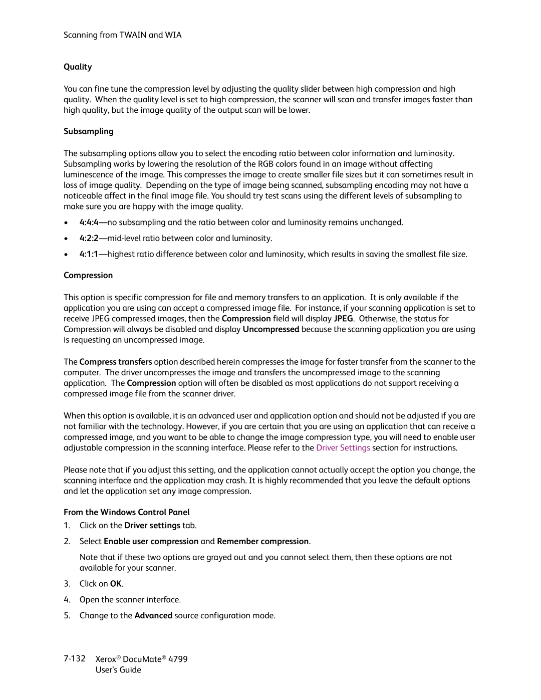 Xerox 4799 manual Quality, Subsampling, Compression, From the Windows Control Panel 