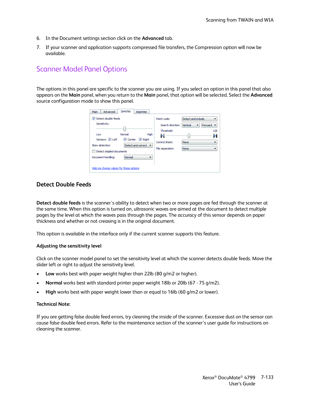 Xerox 4799 manual Scanner Model Panel Options, Detect Double Feeds, Adjusting the sensitivity level 