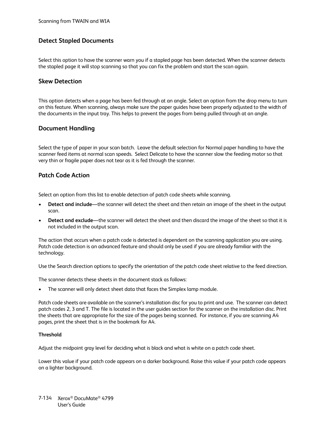 Xerox 4799 manual Detect Stapled Documents, Skew Detection, Document Handling, Patch Code Action, Threshold 