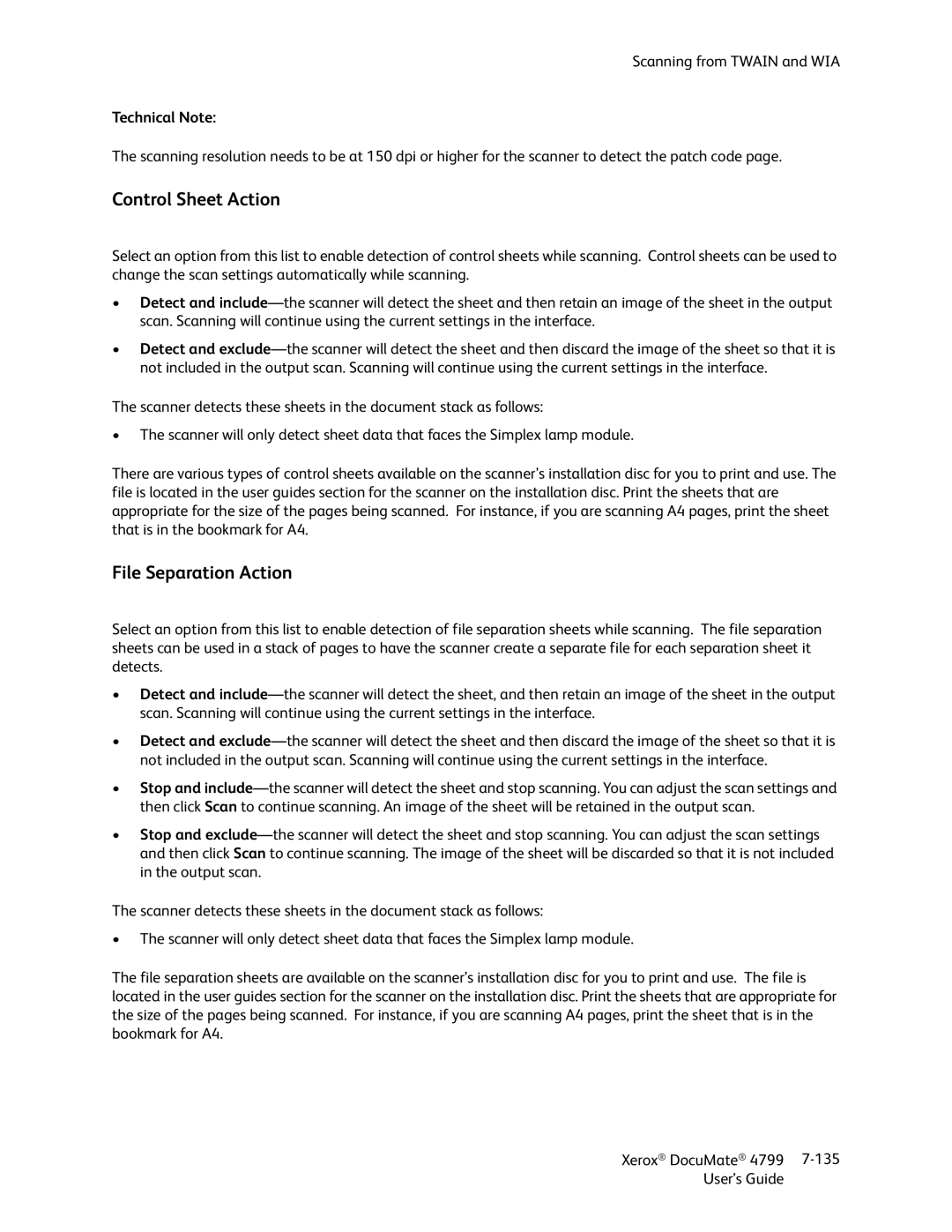 Xerox 4799 manual Control Sheet Action, File Separation Action 