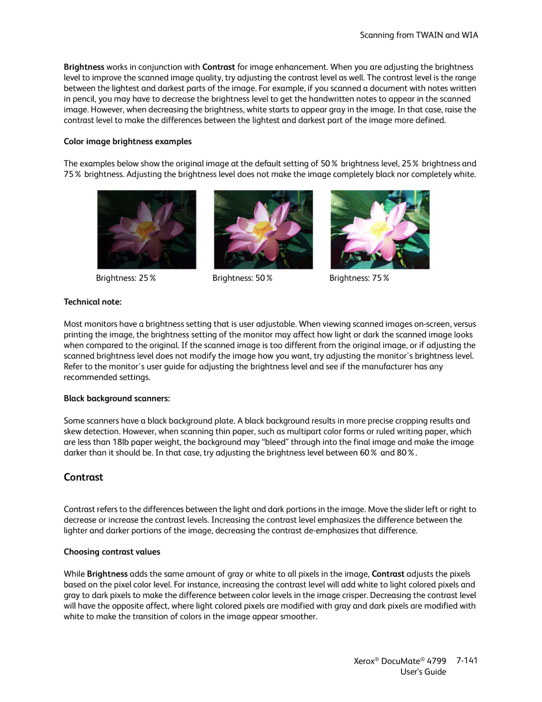 Xerox 4799 manual Contrast, Color image brightness examples, Black background scanners, Choosing contrast values 