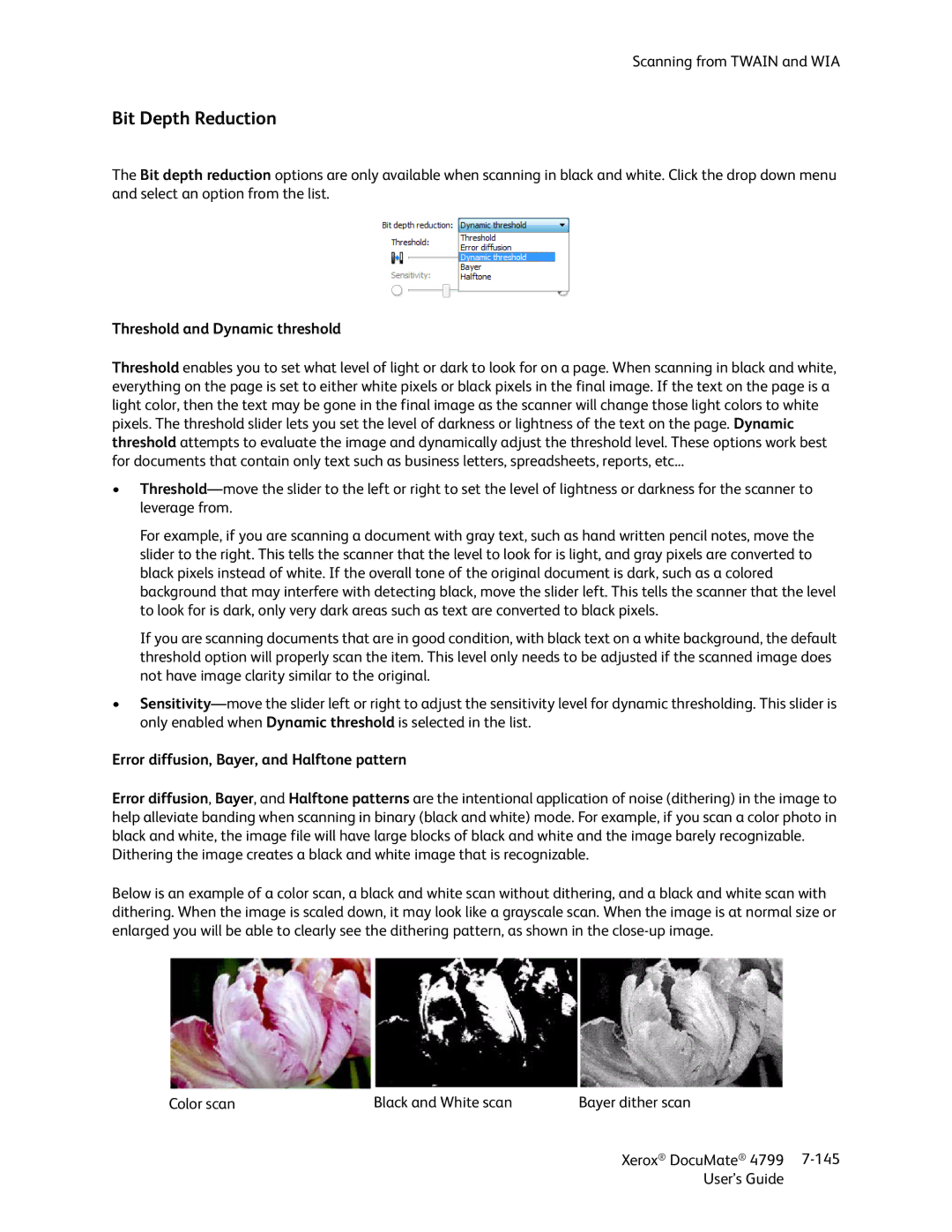 Xerox 4799 manual Bit Depth Reduction, Threshold and Dynamic threshold, Error diffusion, Bayer, and Halftone pattern 