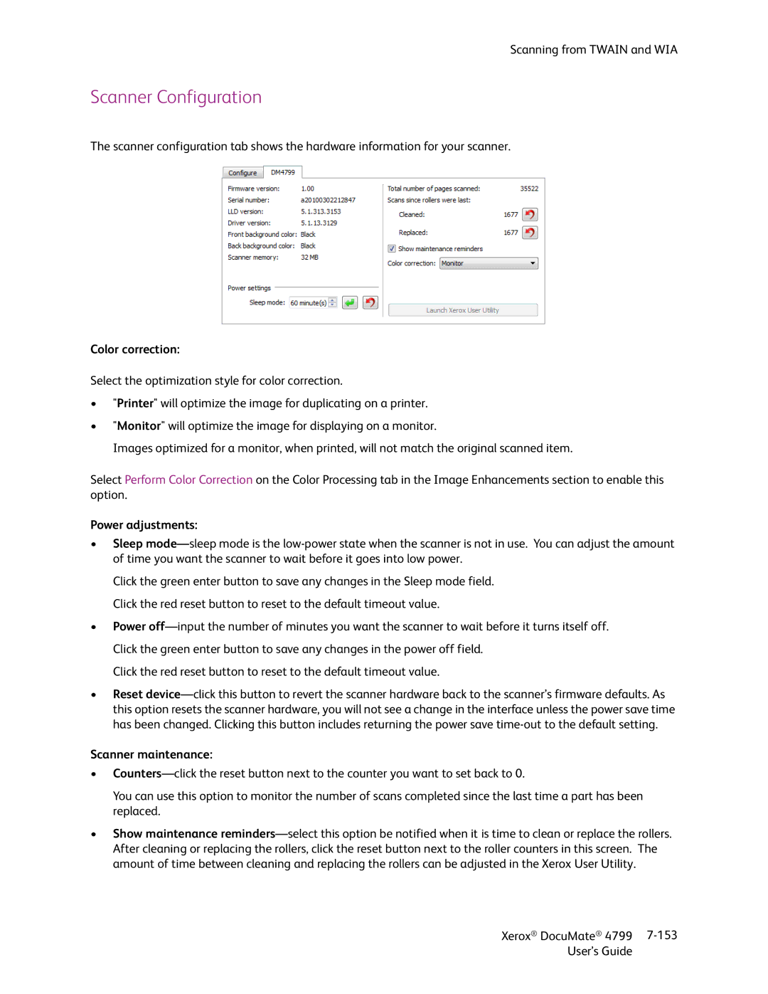 Xerox 4799 manual Scanner Configuration, Color correction, Power adjustments, Scanner maintenance 