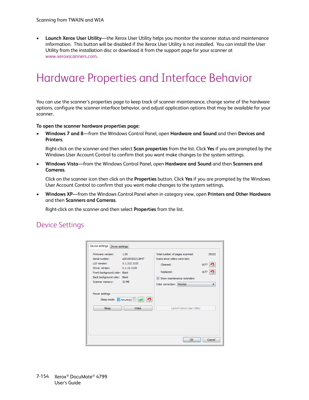 Xerox 4799 manual Hardware Properties and Interface Behavior, To open the scanner hardware properties 