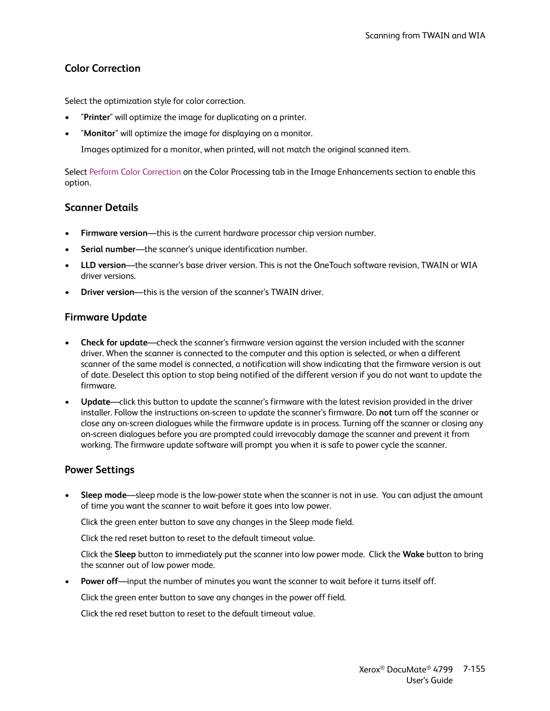 Xerox 4799 manual Color Correction, Scanner Details, Firmware Update, Power Settings 