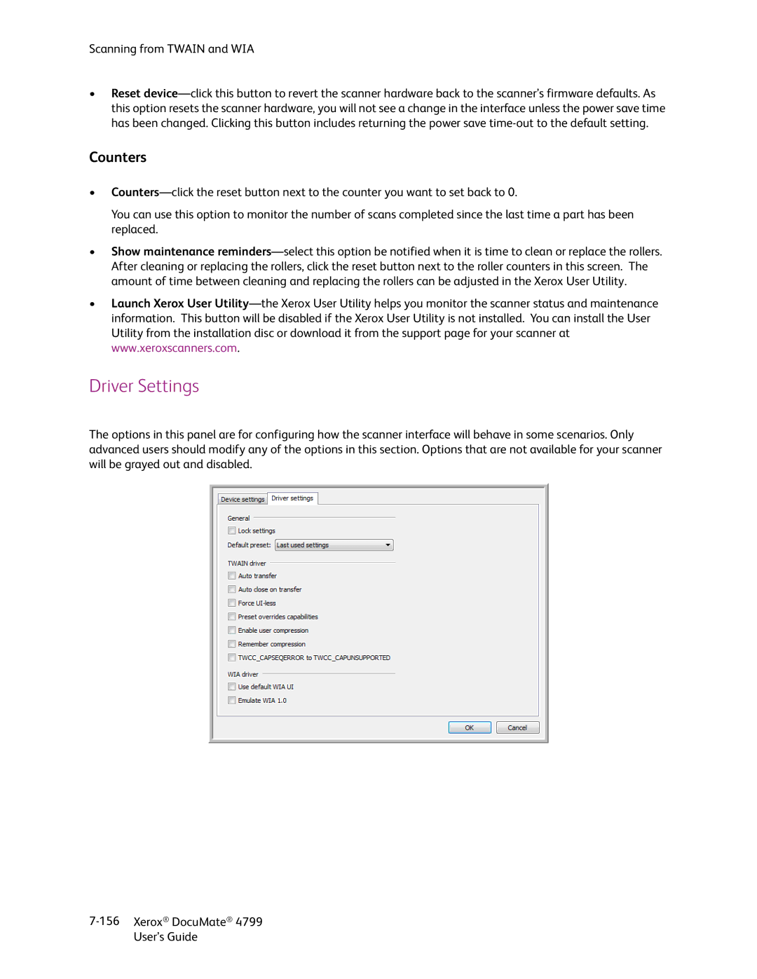 Xerox 4799 manual Driver Settings, Counters 