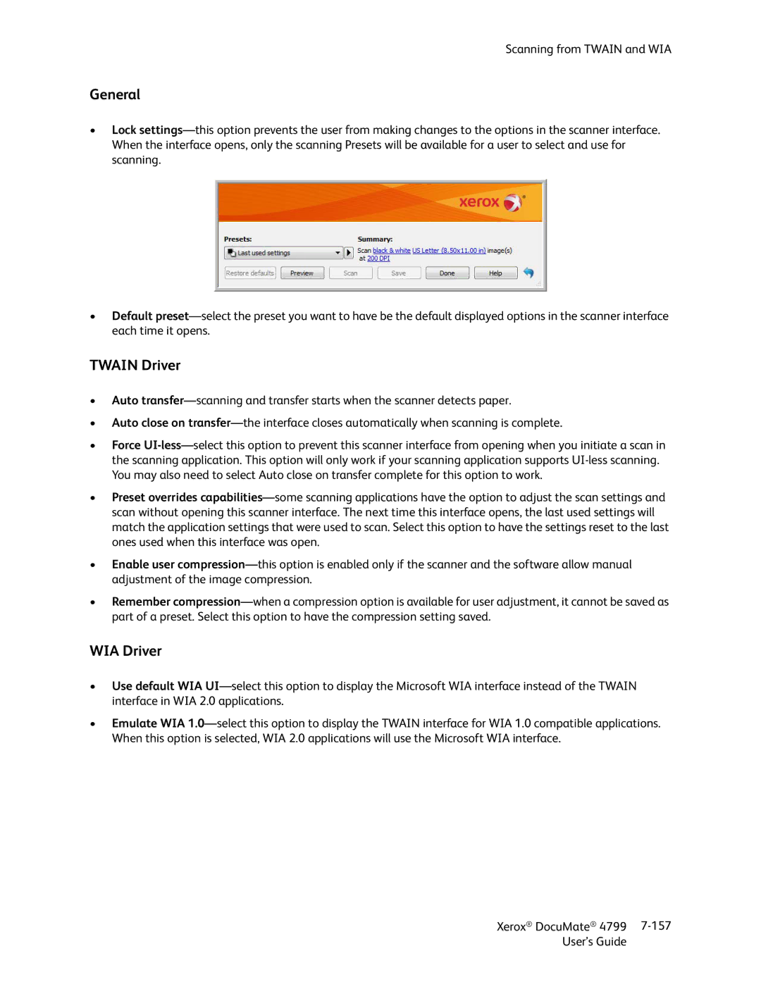 Xerox 4799 manual General, Twain Driver, WIA Driver 