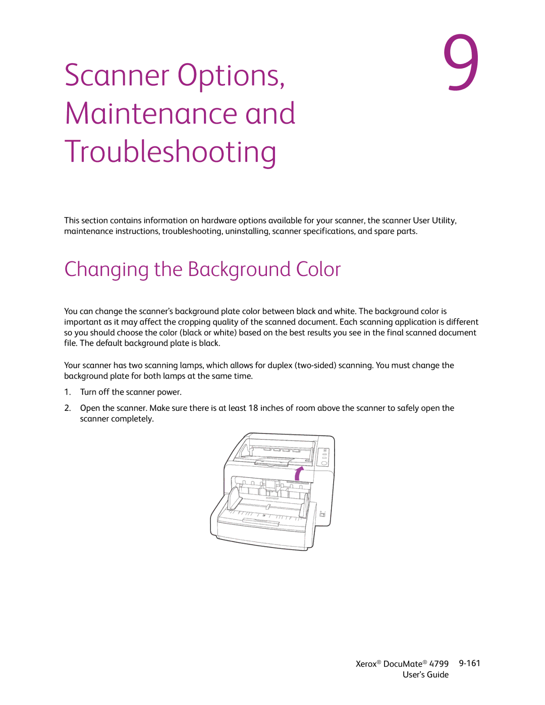 Xerox 4799 manual Scanner Options Maintenance Troubleshooting, Changing the Background Color 