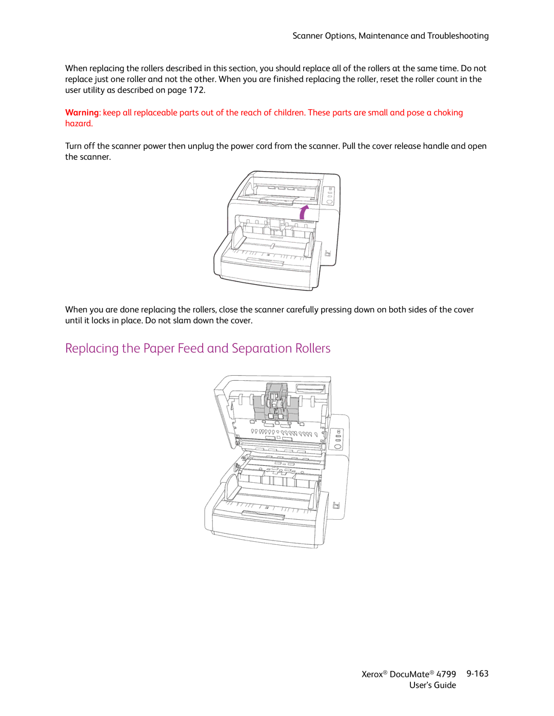 Xerox 4799 manual Replacing the Paper Feed and Separation Rollers 