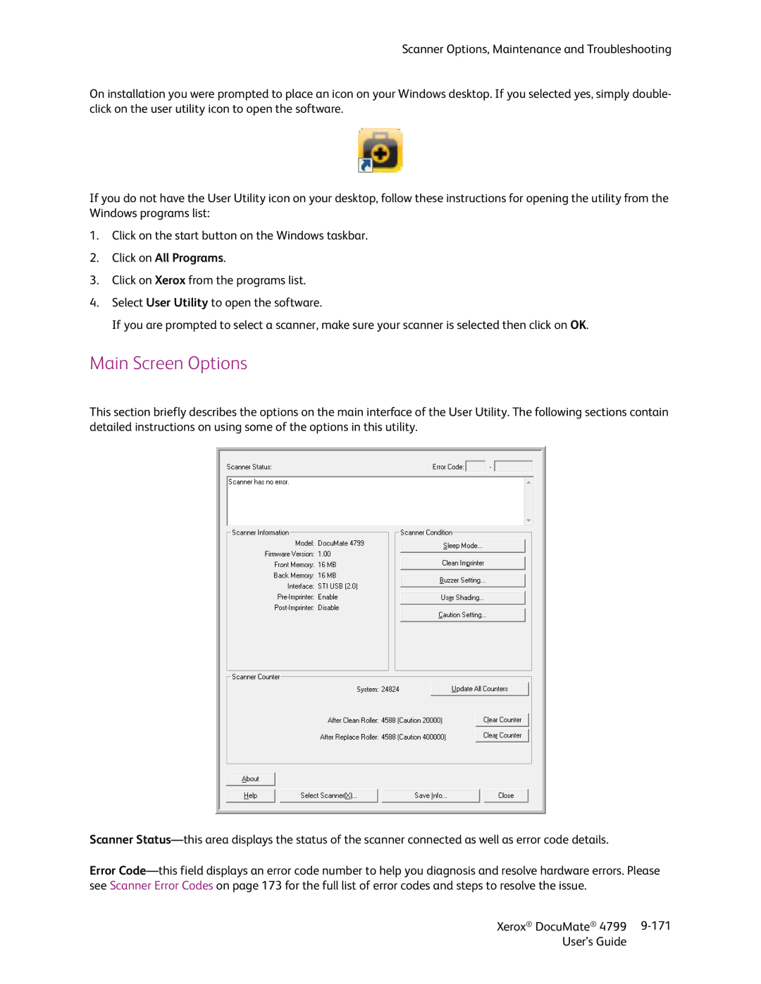 Xerox 4799 manual Main Screen Options, Click on All Programs 