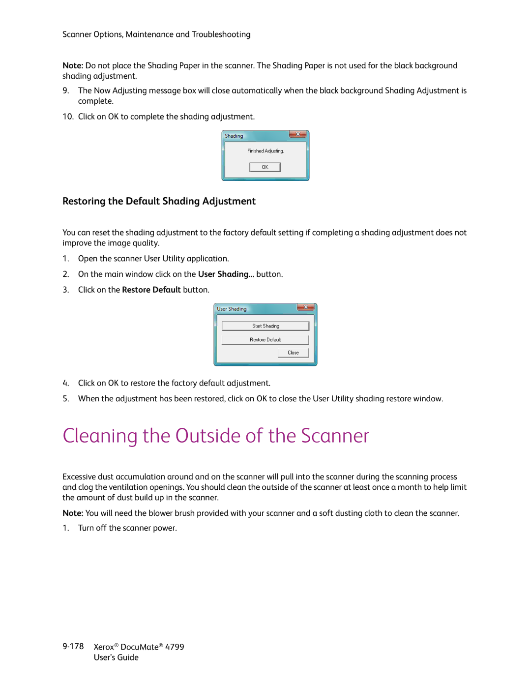 Xerox 4799 manual Cleaning the Outside of the Scanner, Restoring the Default Shading Adjustment 