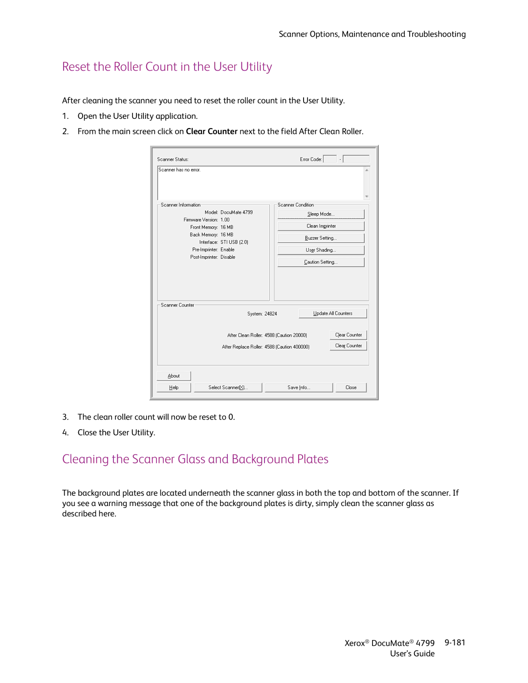 Xerox 4799 manual Reset the Roller Count in the User Utility, Cleaning the Scanner Glass and Background Plates 