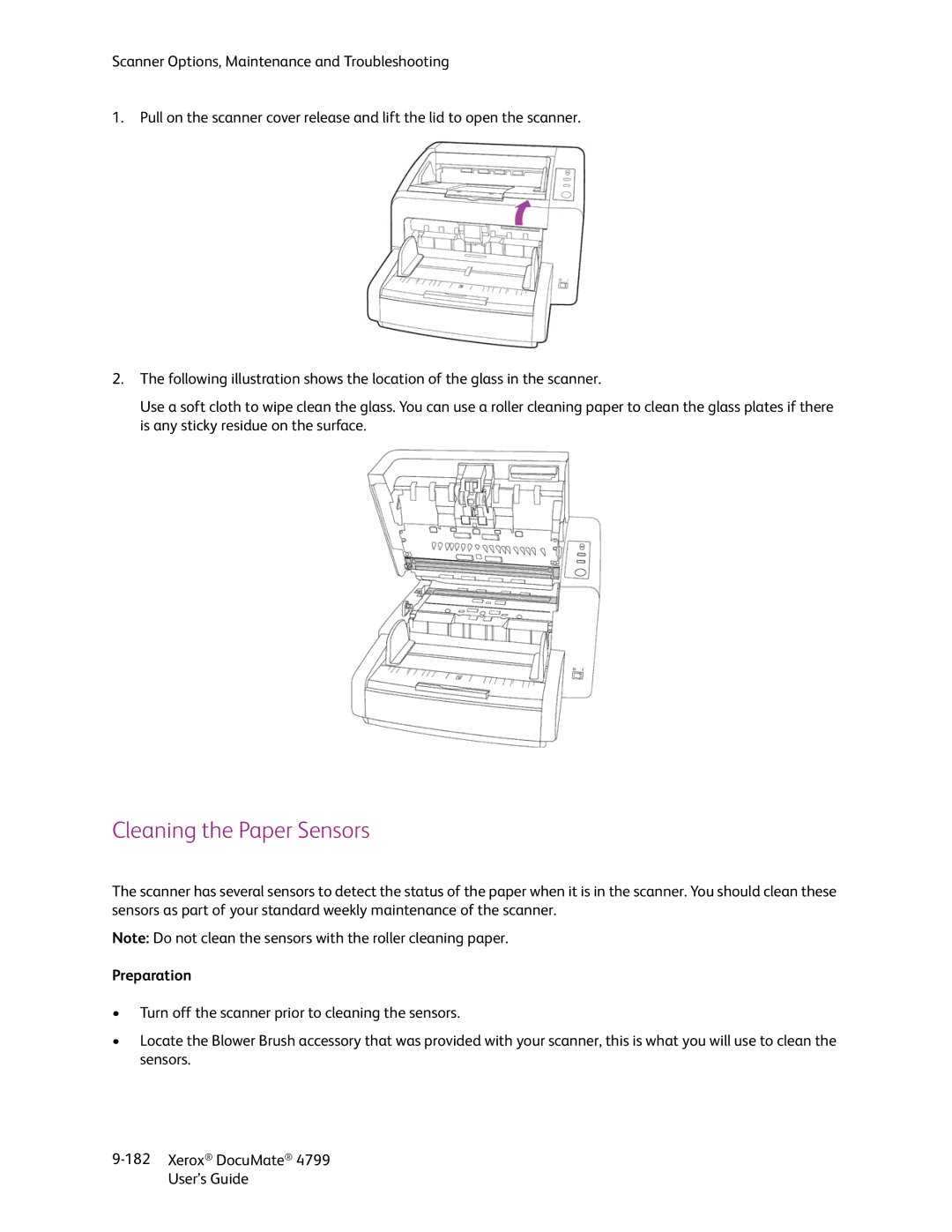 Xerox 4799 manual Cleaning the Paper Sensors, Preparation 