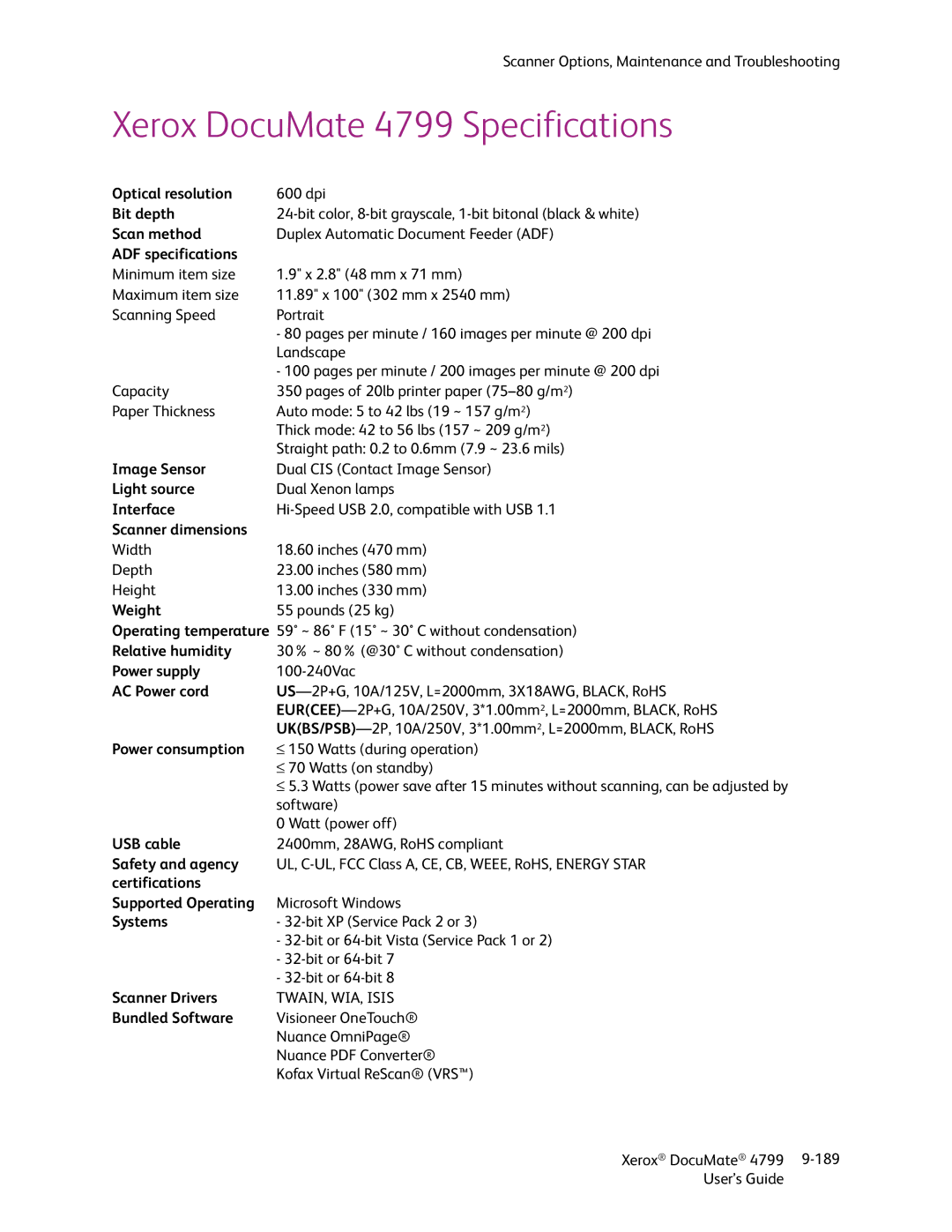 Xerox manual Xerox DocuMate 4799 Specifications 