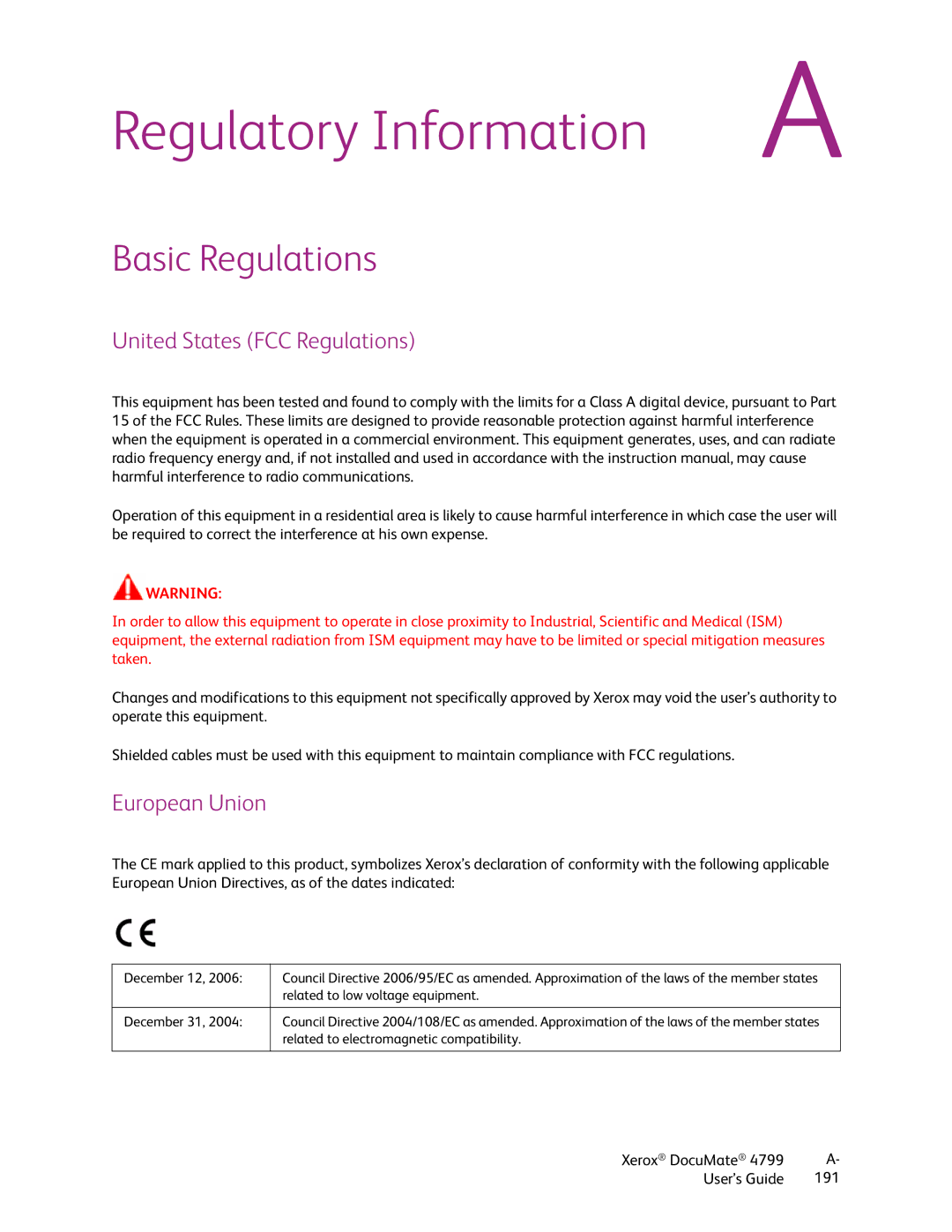 Xerox 4799 manual Basic Regulations, United States FCC Regulations, European Union 