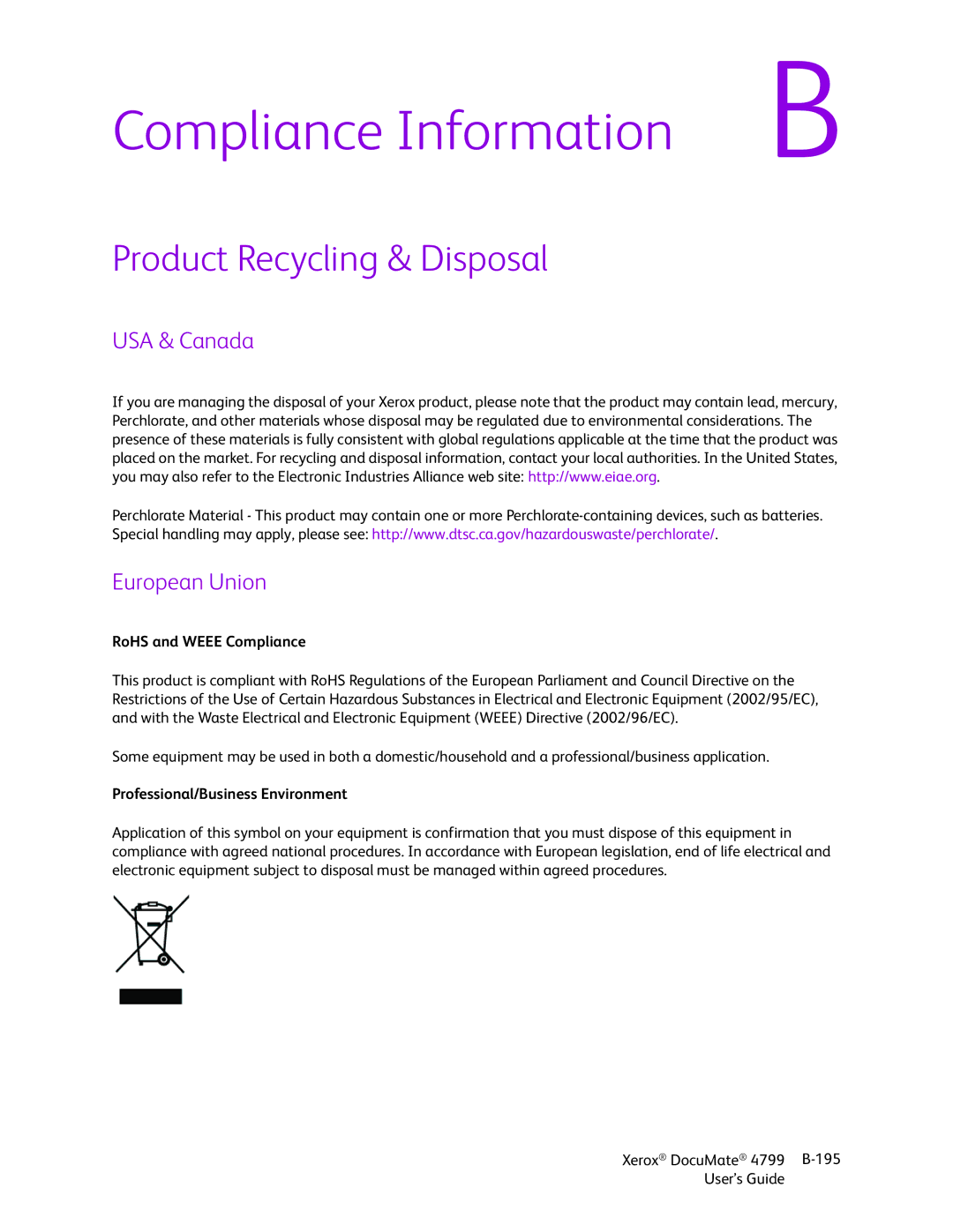 Xerox 4799 manual Product Recycling & Disposal, USA & Canada European Union, RoHS and Weee Compliance 