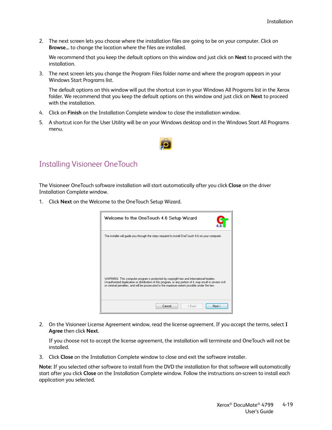 Xerox 4799 manual Installing Visioneer OneTouch 