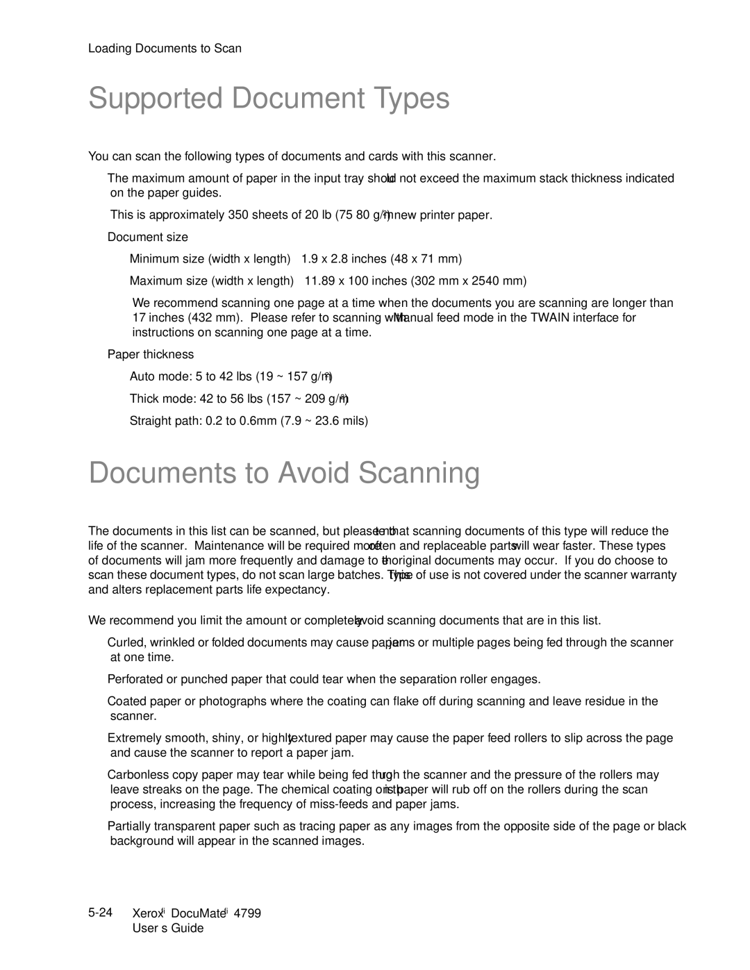 Xerox 4799 manual Supported Document Types, Documents to Avoid Scanning 