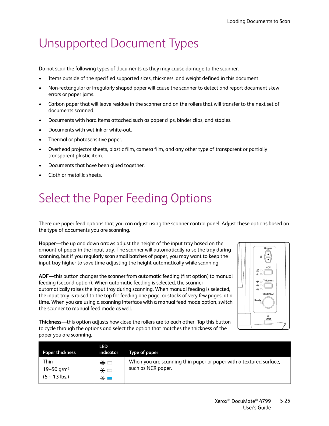 Xerox 4799 manual Unsupported Document Types, Select the Paper Feeding Options 