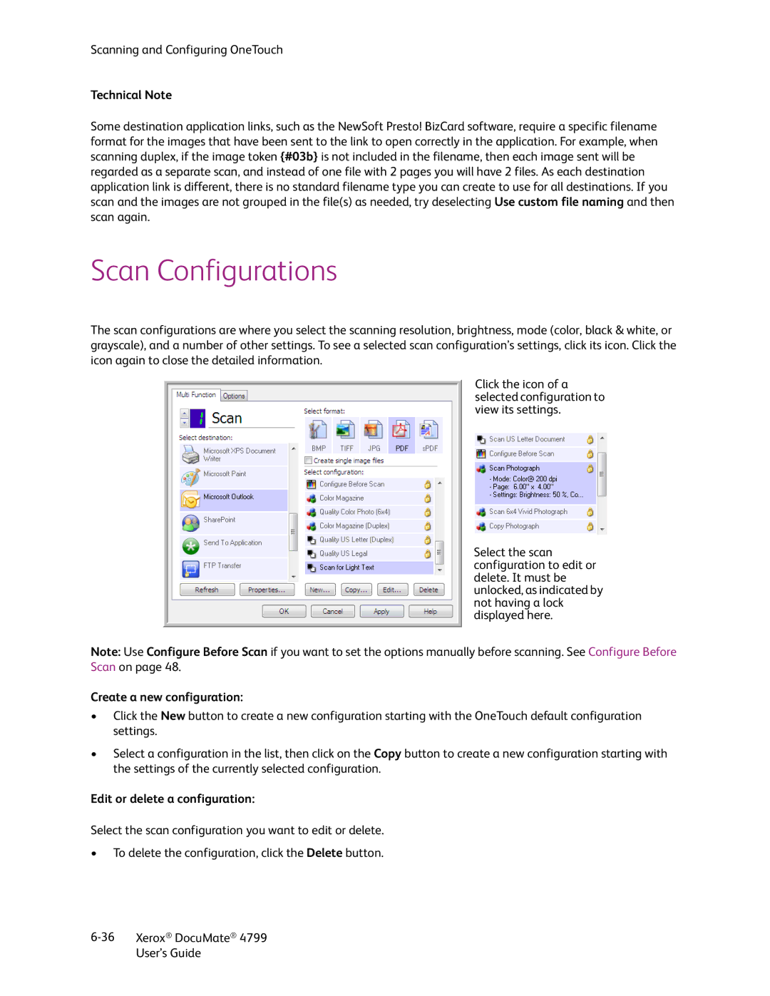 Xerox 4799 manual Scan Configurations, Technical Note, Create a new configuration, Edit or delete a configuration 