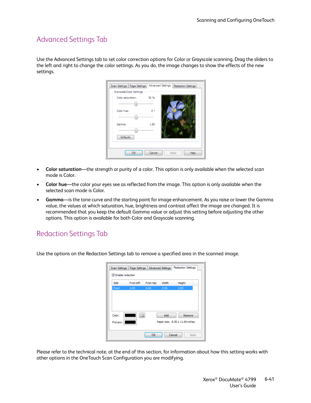 Xerox 4799 manual Advanced Settings Tab, Redaction Settings Tab 