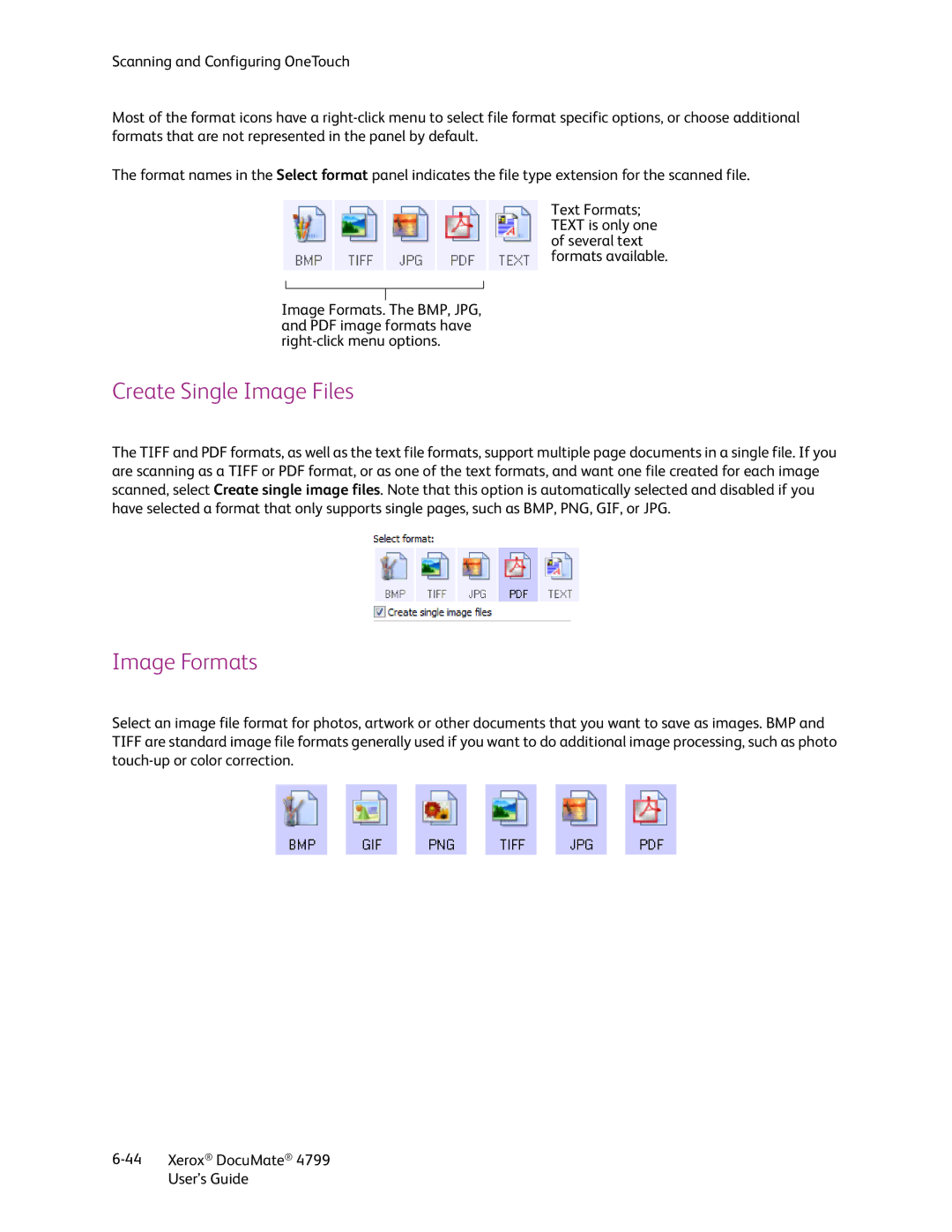 Xerox 4799 manual Create Single Image Files Image Formats 