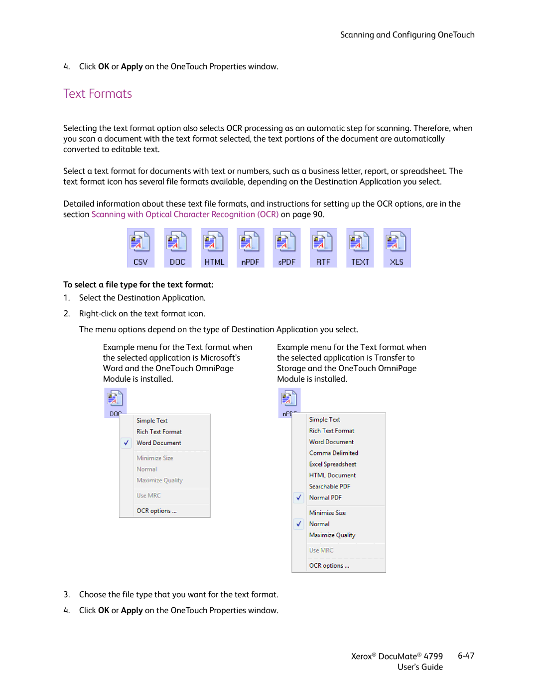 Xerox 4799 manual Text Formats, To select a file type for the text format 