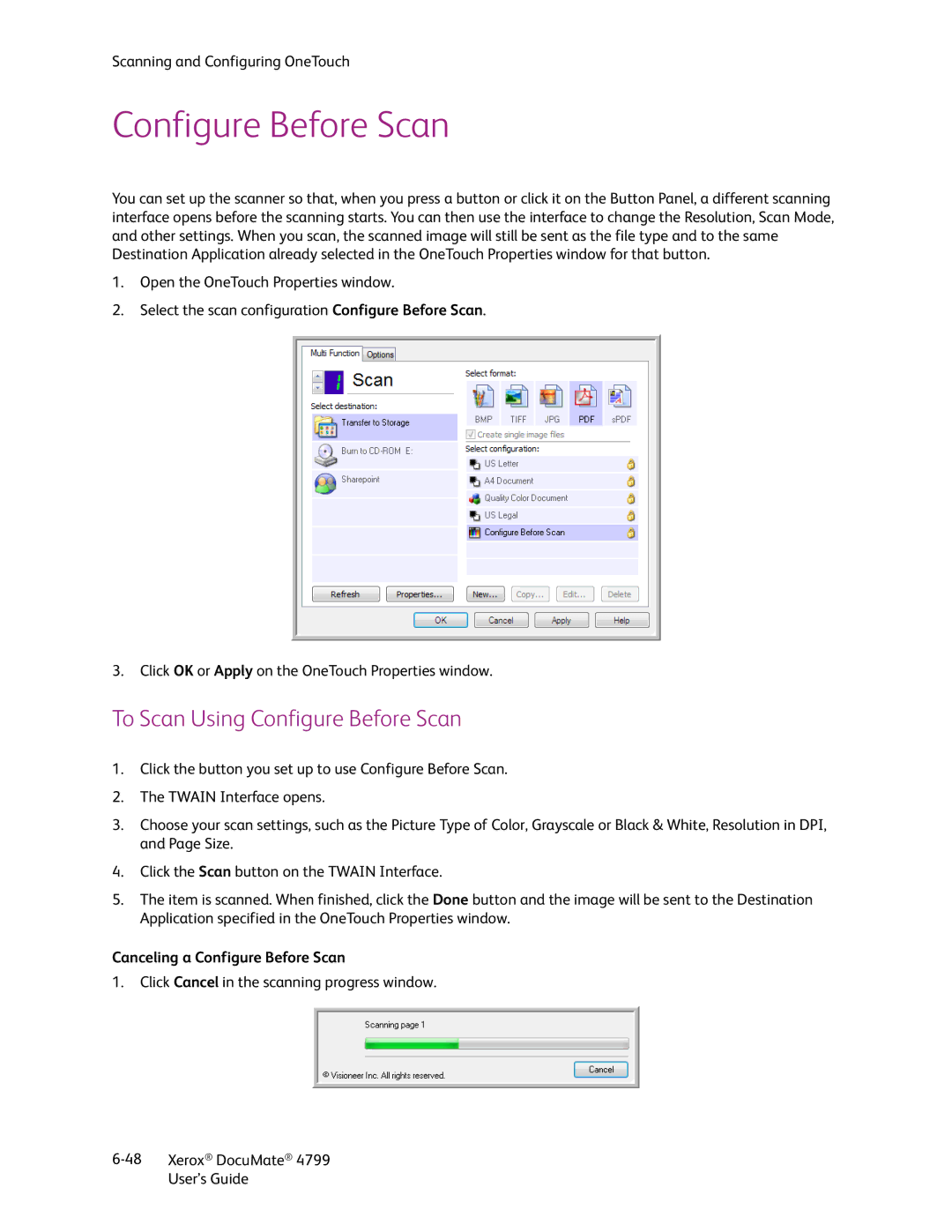 Xerox 4799 manual To Scan Using Configure Before Scan, Canceling a Configure Before Scan 