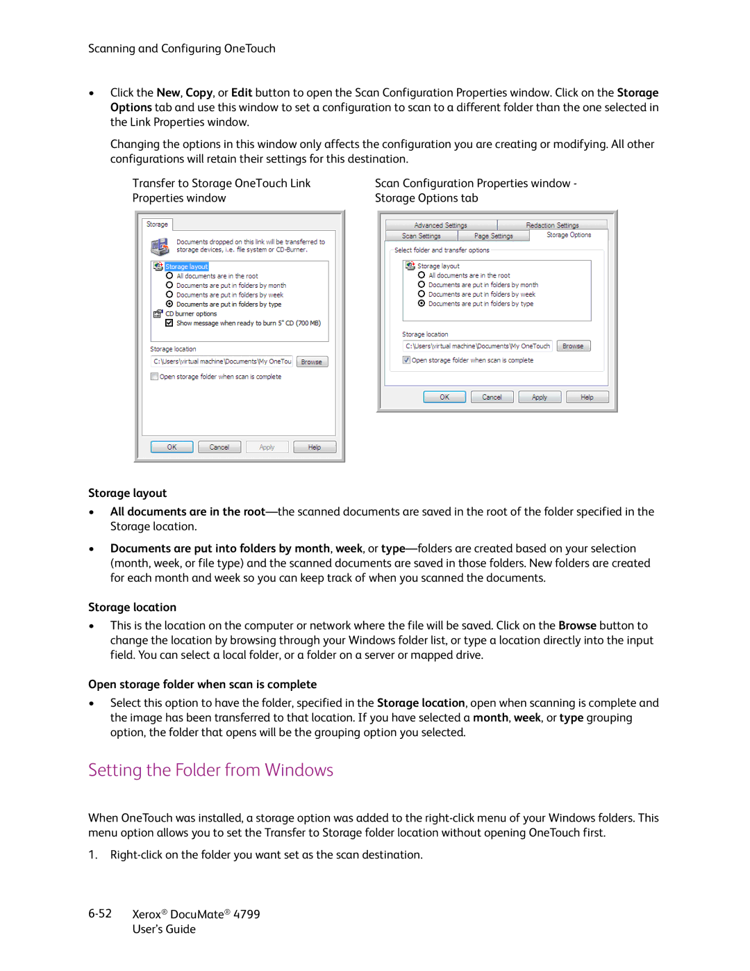 Xerox 4799 Setting the Folder from Windows, Storage layout, Storage location, Open storage folder when scan is complete 