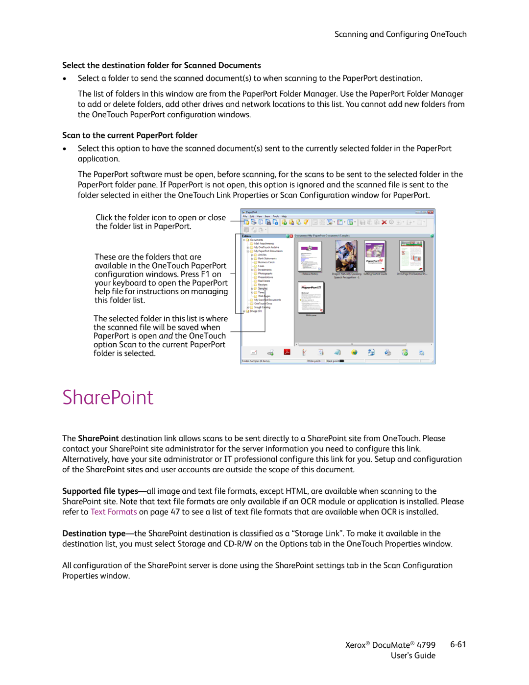 Xerox 4799 manual SharePoint, Select the destination folder for Scanned Documents, Scan to the current PaperPort folder 