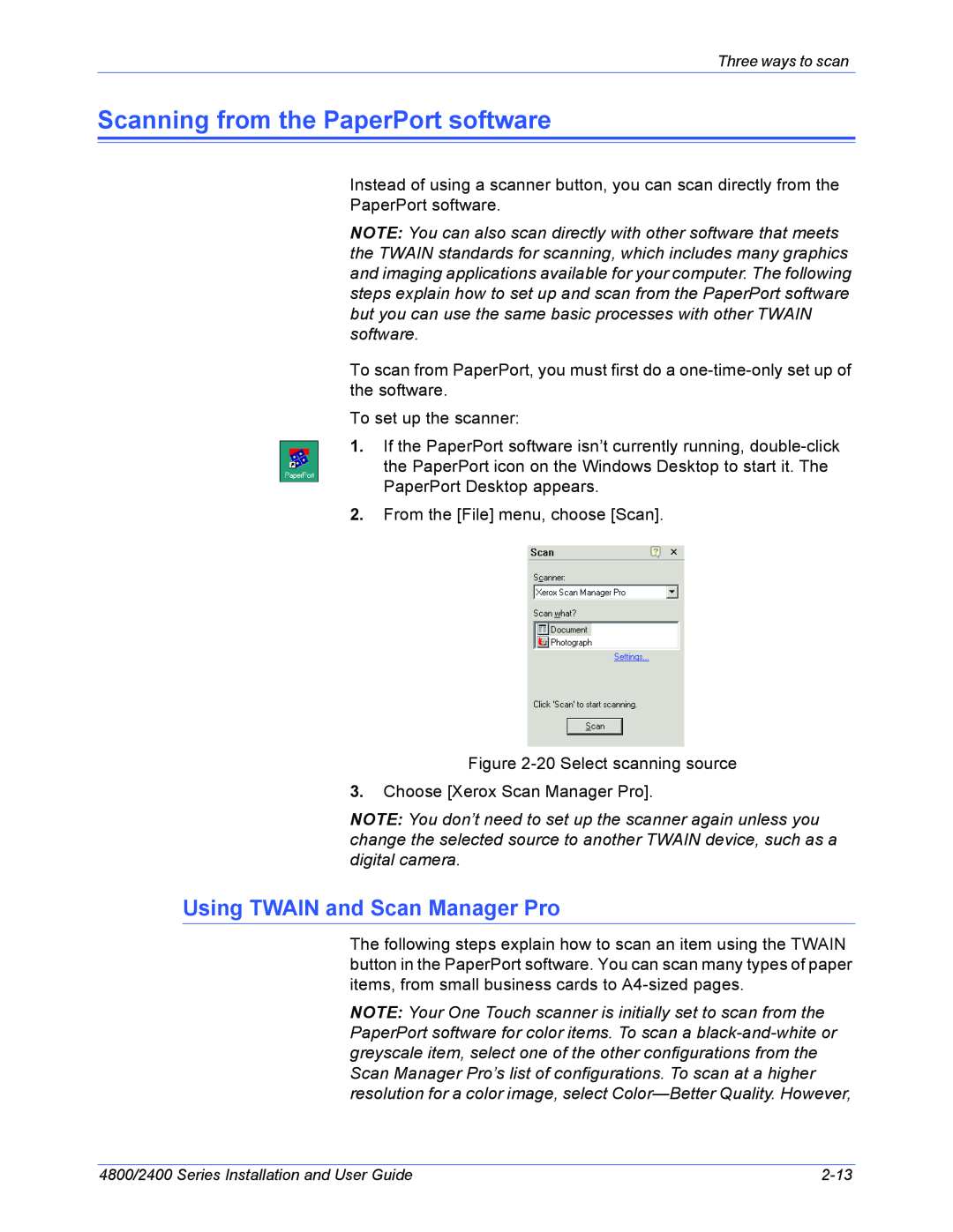 Xerox 2400, 4800 manual Scanning from the PaperPort software, Using TWAIN and Scan Manager Pro 