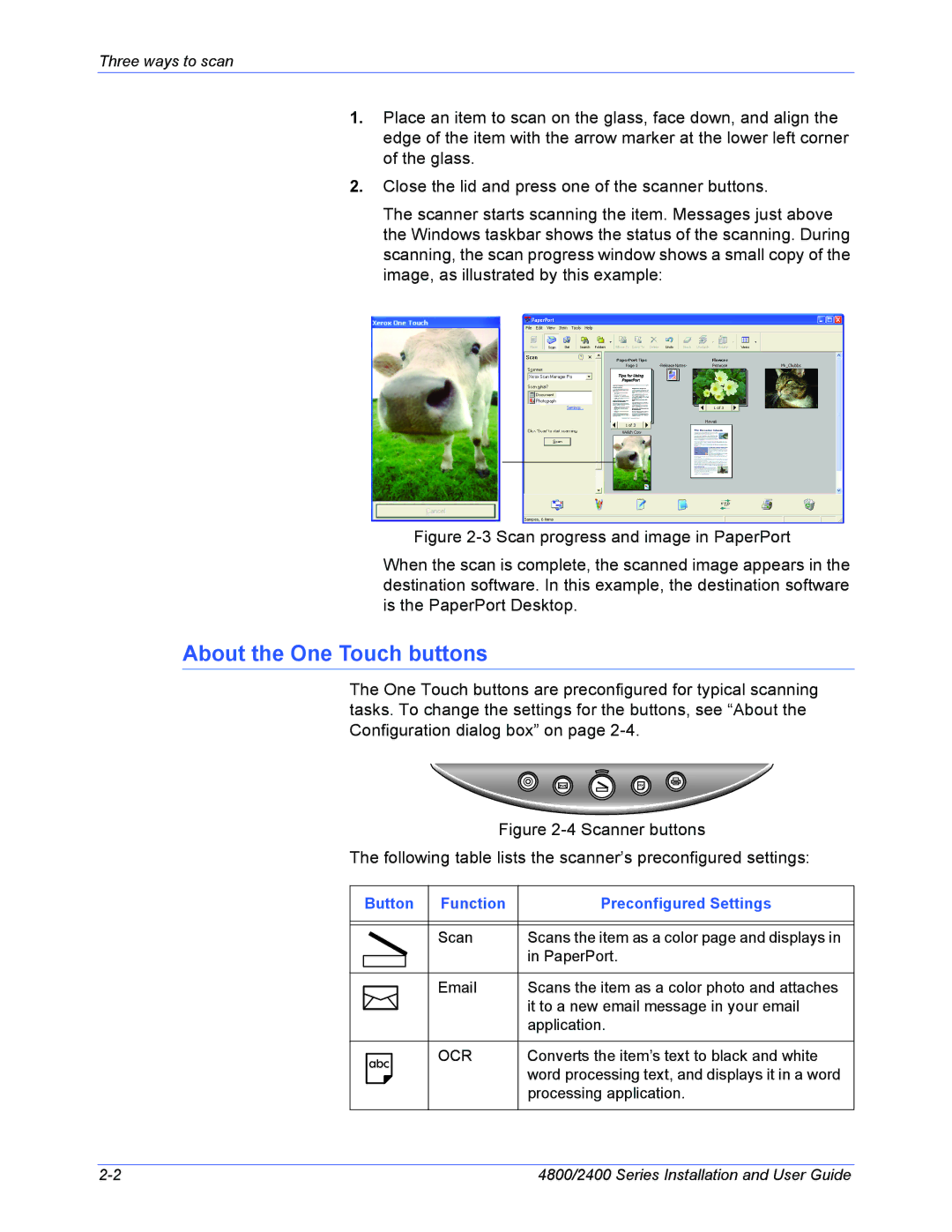 Xerox 4800, 2400 manual About the One Touch buttons, Button Function Preconfigured Settings 