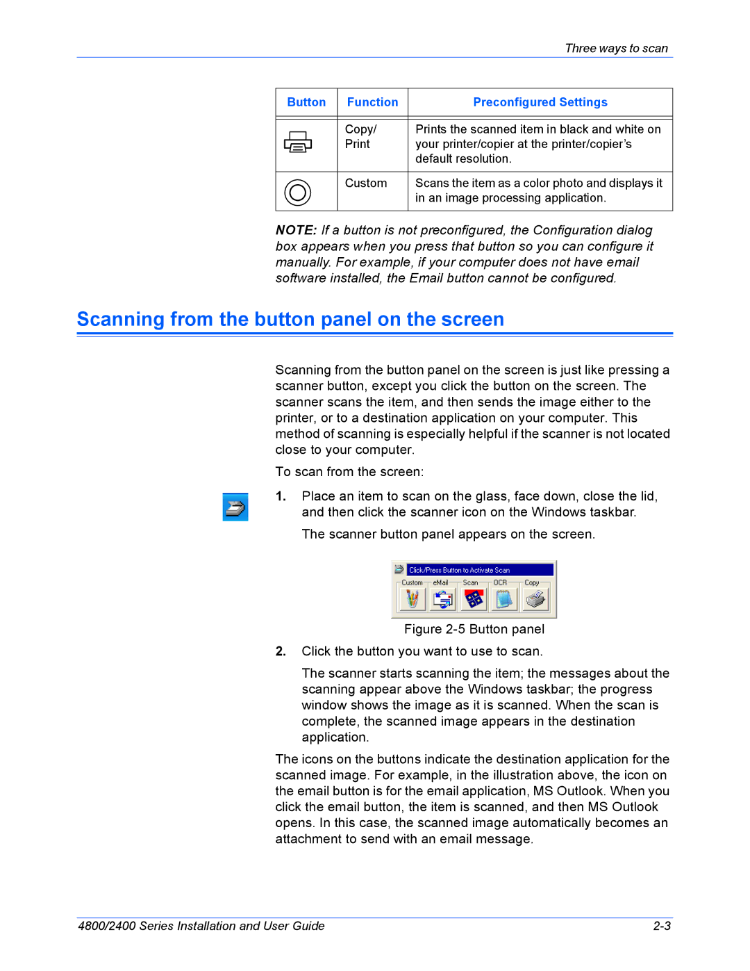 Xerox 2400, 4800 manual Scanning from the button panel on the screen, Button Function Preconfigured Settings 