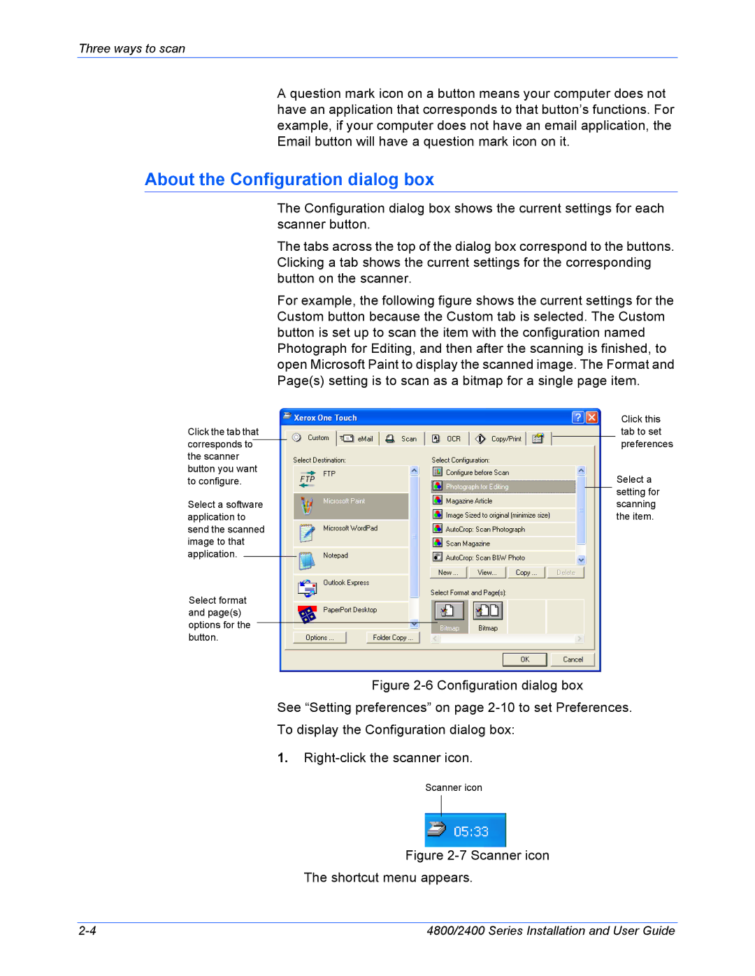 Xerox 4800, 2400 manual About the Configuration dialog box, Pages setting is to scan as a bitmap for a single page item 