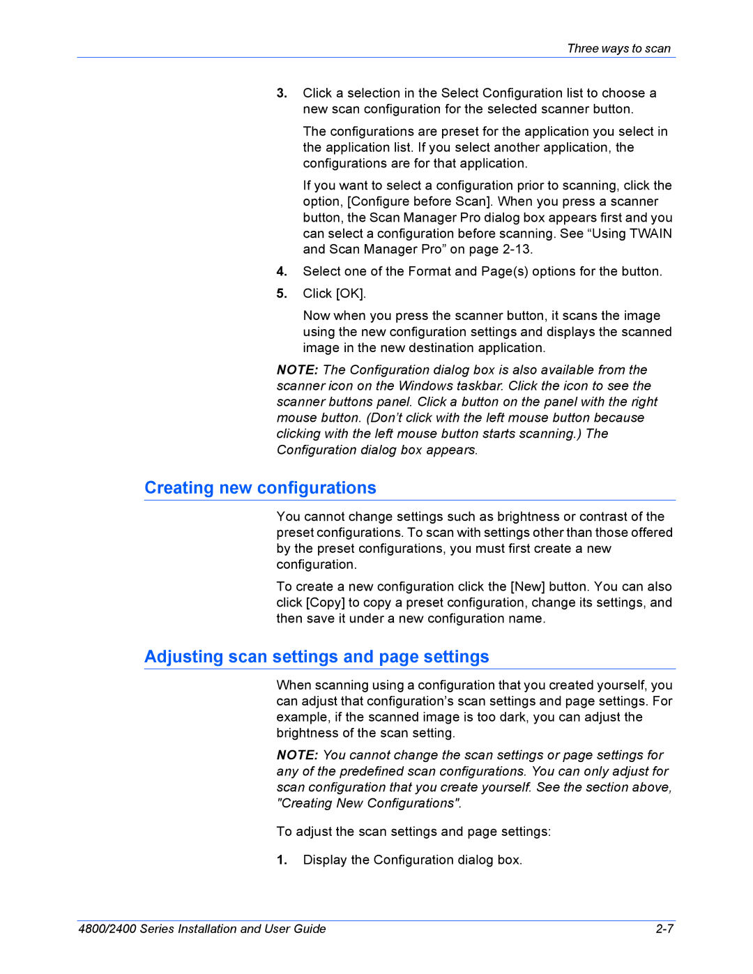 Xerox 2400, 4800 manual Creating new configurations, Adjusting scan settings and page settings 