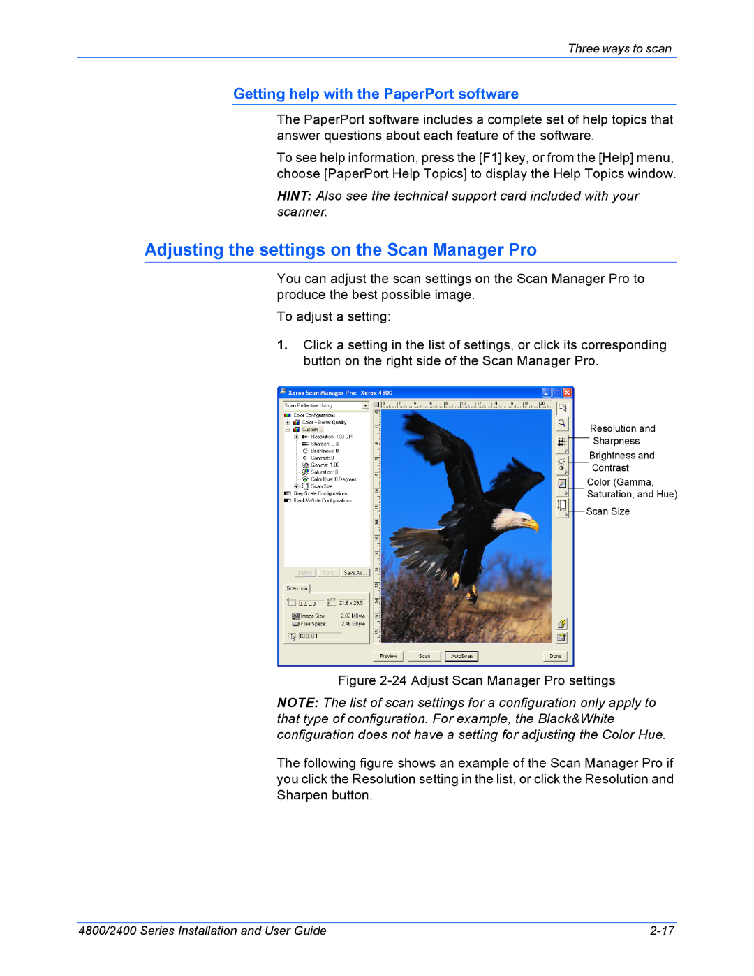 Xerox 2400, 4800 manual Adjusting the settings on the Scan Manager Pro, Getting help with the PaperPort software 