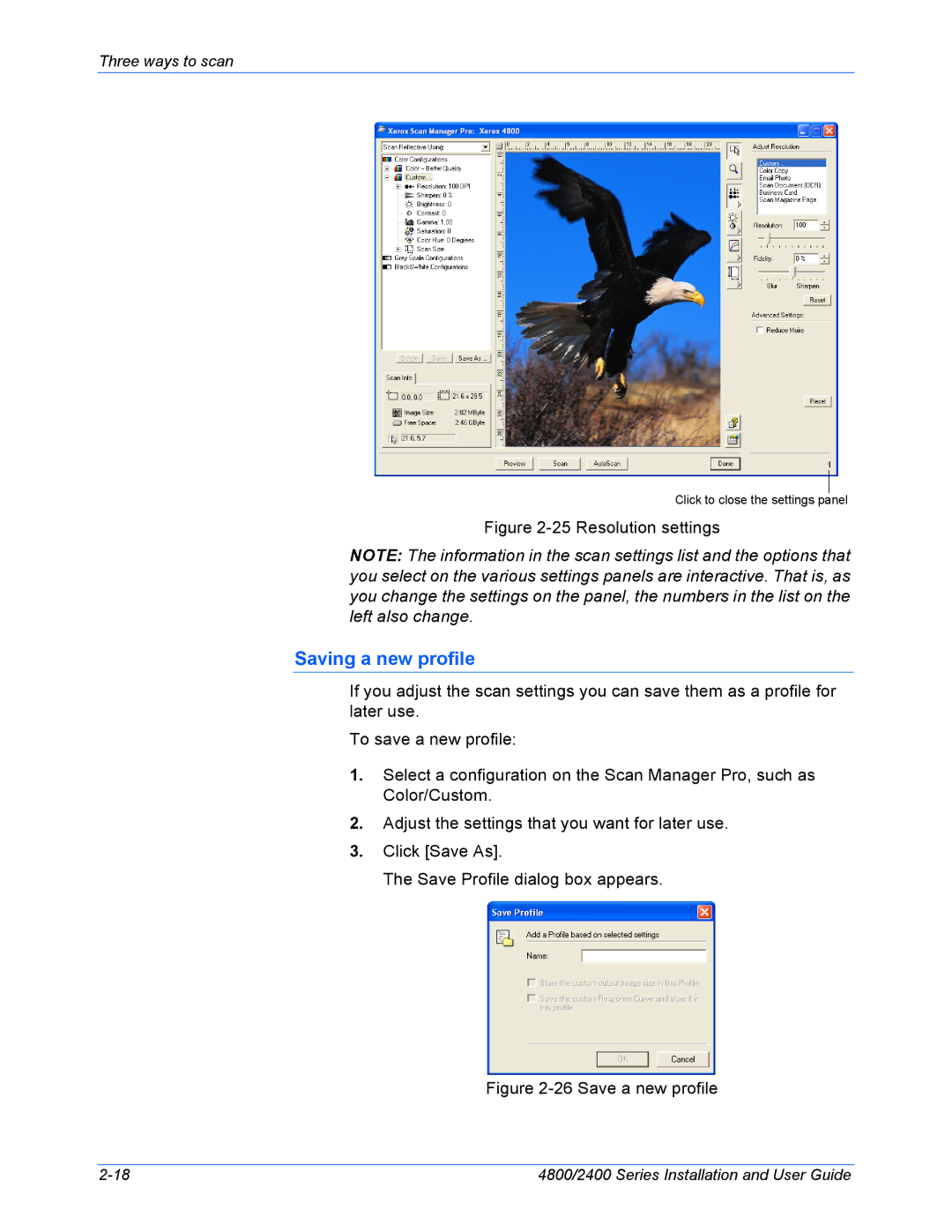 Xerox 4800, 2400 manual Saving a new profile, Resolution settings 