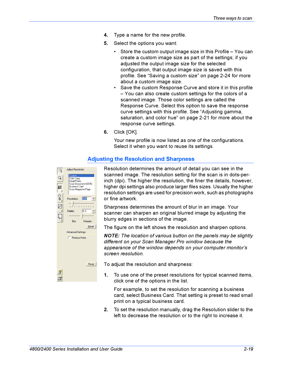 Xerox 2400, 4800 manual Adjusting the Resolution and Sharpness 