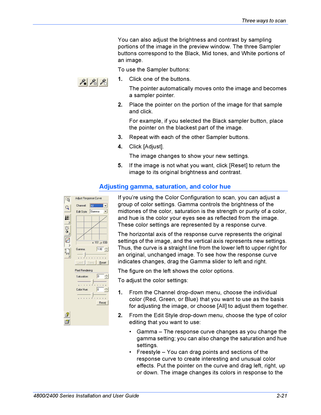 Xerox 2400, 4800 manual Adjusting gamma, saturation, and color hue 