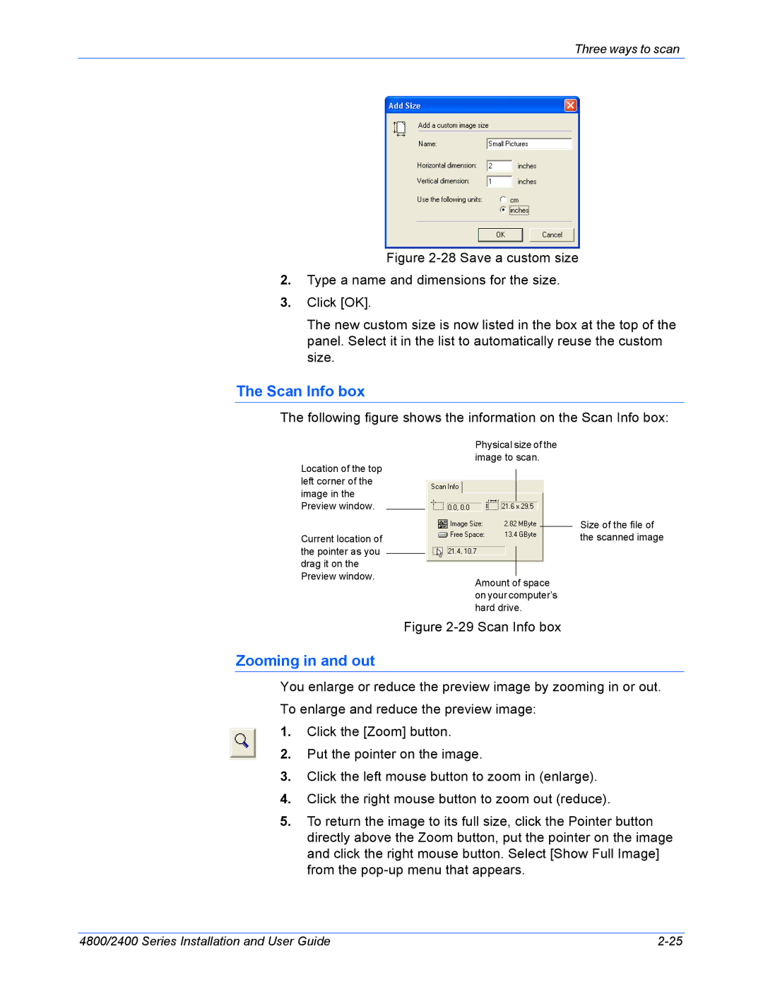 Xerox 2400, 4800 manual Scan Info box, Zooming in and out 