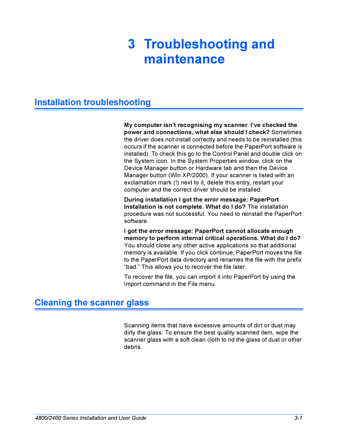 Xerox 2400, 4800 manual Installation troubleshooting, Cleaning the scanner glass 