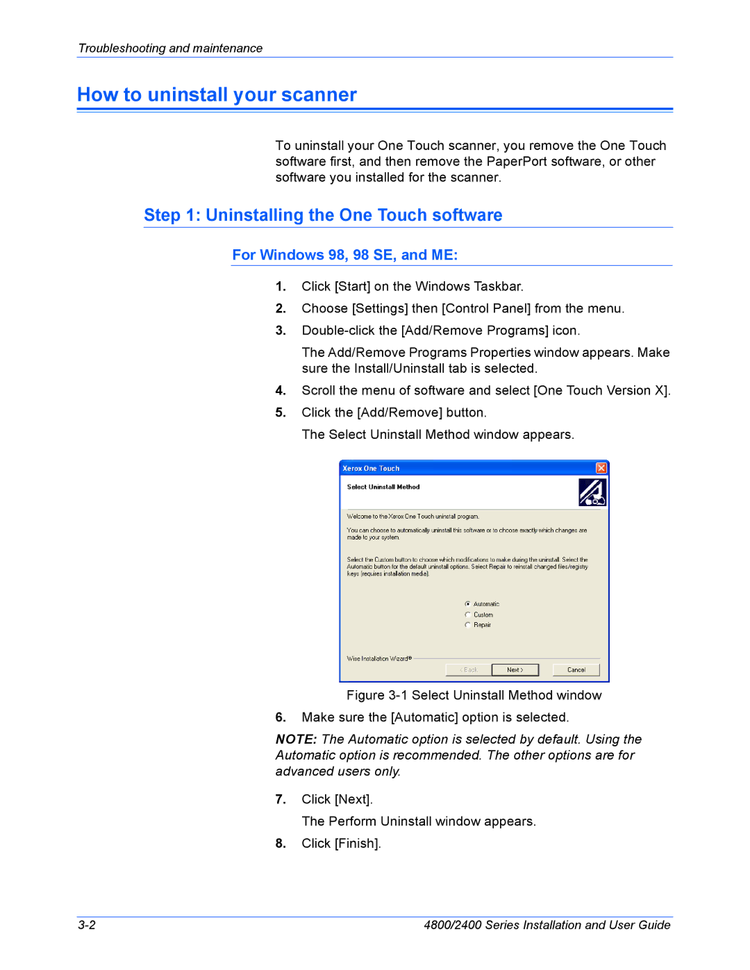 Xerox 4800, 2400 manual How to uninstall your scanner, Uninstalling the One Touch software, For Windows 98, 98 SE, and ME 