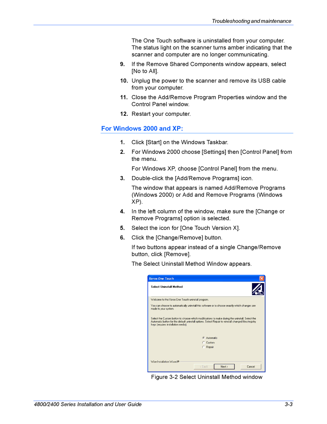 Xerox 2400, 4800 manual For Windows 2000 and XP, Select Uninstall Method window 